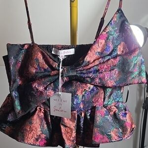 Meet Me in Santorini Floral Jacquard Bow Crop Top - Multicolor